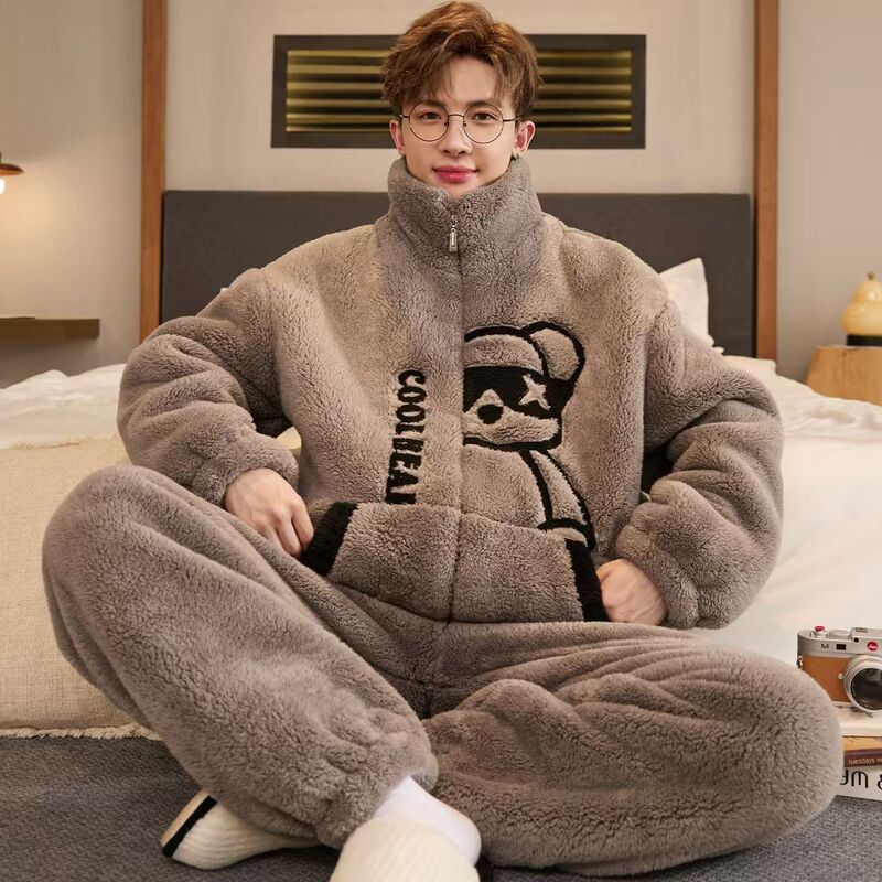 Men's autumn and winter coral fleece pajamas, thickened and warm, available in plus sizes for teenagers, a winter loungewear set