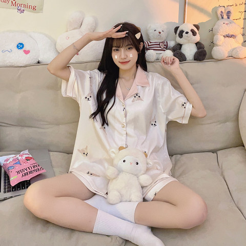 Summer Ice Silk Pajamas for Women, Short-Sleeved, High-End, Sweet and Cute Cardigans, Simulated Silk, Can Be Worn Outside, Home Wear Set