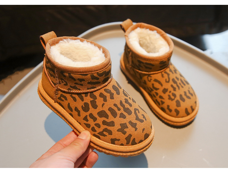 Children's leopard print snow with thick fleece and warm soft sole, medium to children's winter boys' large shoes,_voghion.com