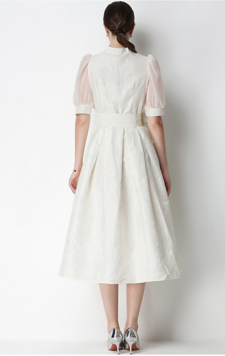 Đầm maxi nữ thắt eo V cổ tay ngắn họa tiết jacquard thanh lịch — màu đen, xanh lam, Màu hồng, màu trắng chi tiết 41