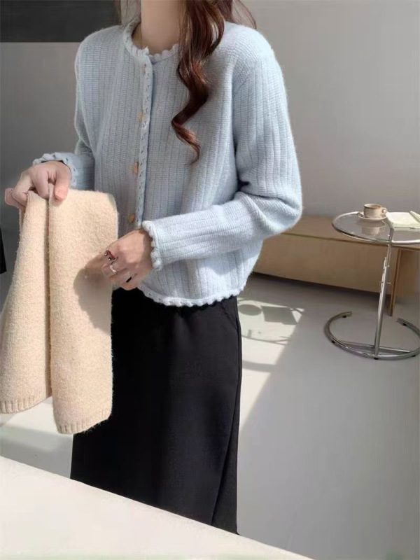 2025秋冬新款花边圆领纯色小香风针织开衫女软糯甜美百搭毛衣外套|undefined