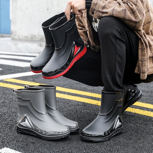 Men's New Fashion Slip-on Rain Boots Short Leg Waterproof Mid-Calf Rain Boots Short Water Shoes with Fleece Work Outdoor Cross-border