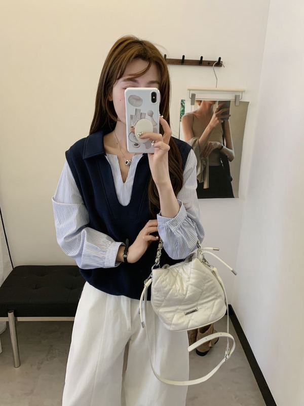 韩系减龄假两件拼接条纹Polo领上衣女装秋季新款大码宽松小衫卫衣|undefined