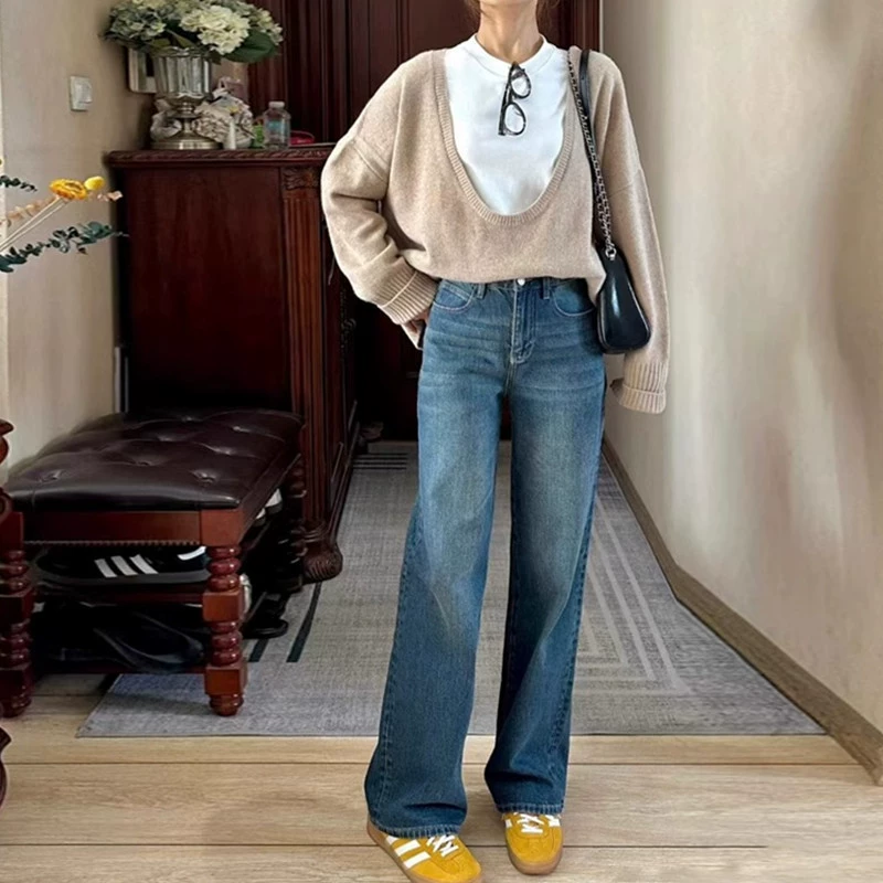 Широкие драпированные джинсы в пол больших размеров для женщин, весна-осень 2025, новые модные утягивающие прямые брюки с высокой талией