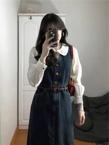 suspender dress set denim vest dress children autumn chanel style white shirt casual two-piece top