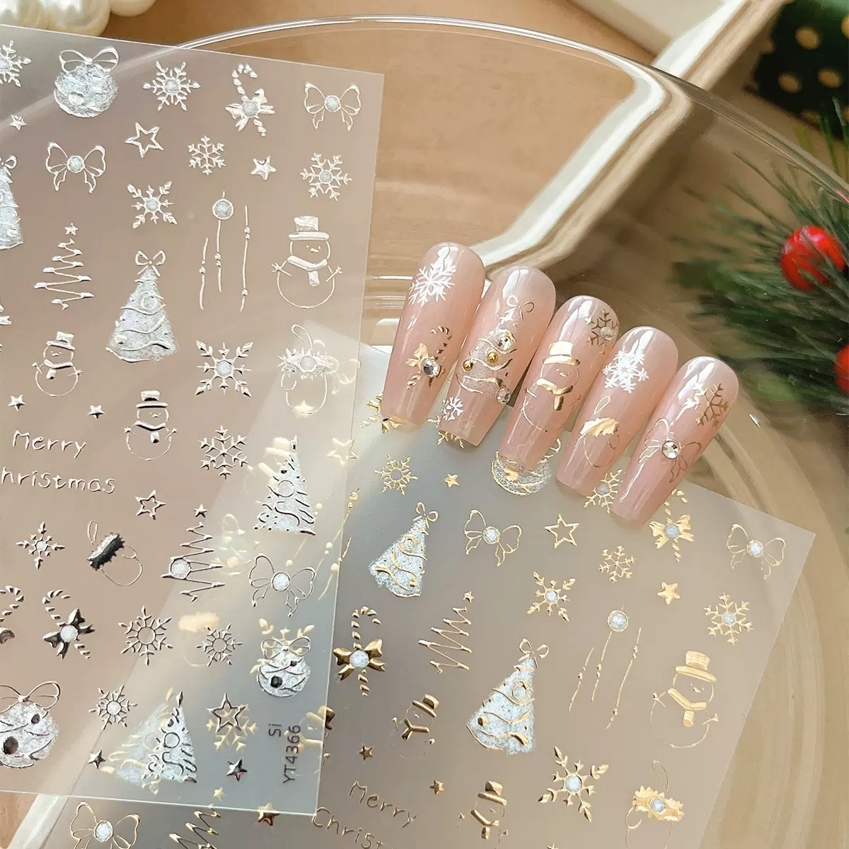 YITU蚁图烫金银圣诞美甲贴纸蝴蝶结雪人精美背胶指甲装饰贴YT4366