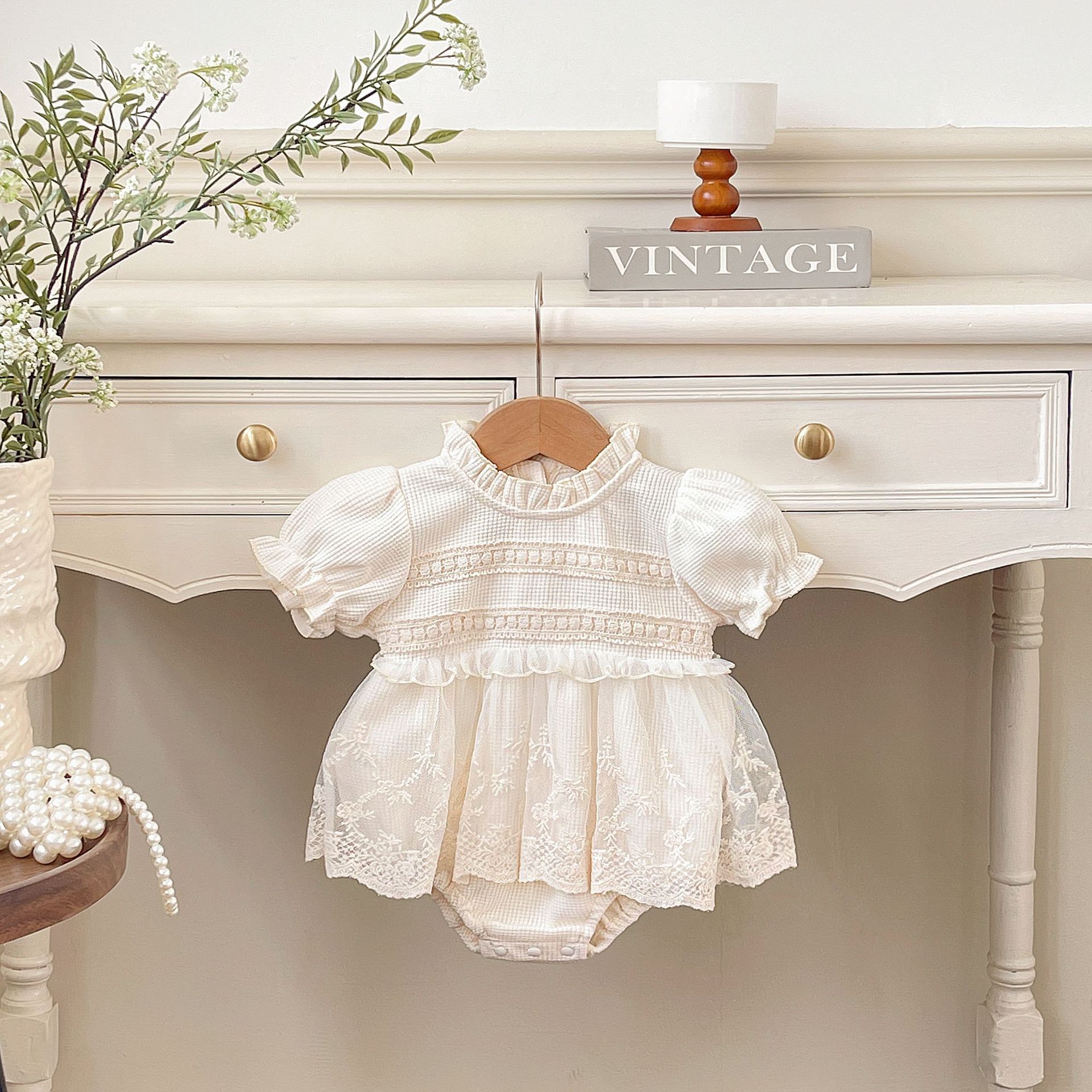 Korean Style Summer New Little Princess Lace Collar Lace Mesh Robe Dress for Infants and Young Children Cute Puff Sleeve Baggy Clothes