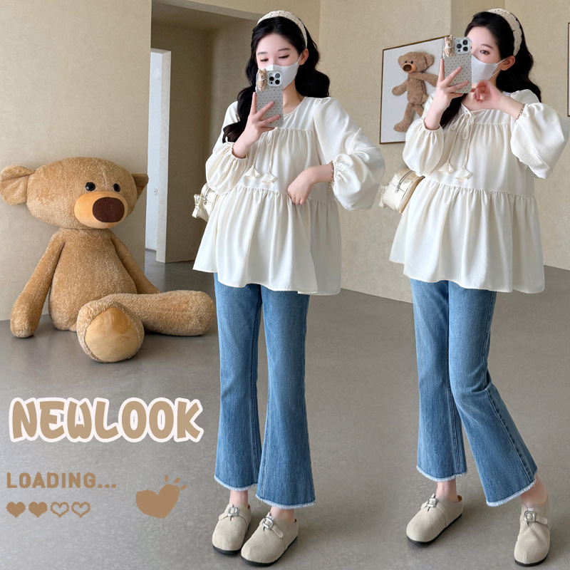 现货2025秋季孕妇衬衫宽松V领蝴蝶结花边长袖娃娃衫孕妇衬衣