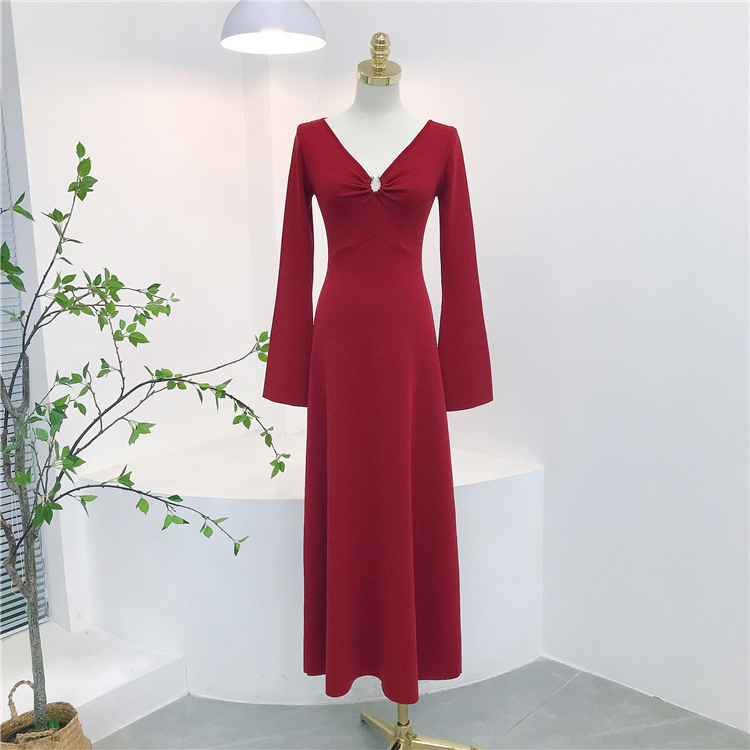 French Style Celebrity Cocktail Dress Ring Deep V-Neck Slim-Fit Slimming Horn Sleeve Knitted dress Sexy Dress