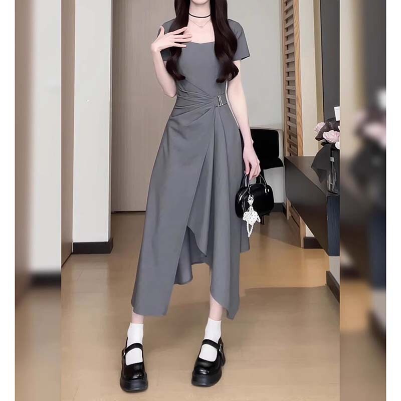 法式气质灰色连衣裙女夏季2025新款小个子绝美漂亮掐腰巨好看长裙|undefined