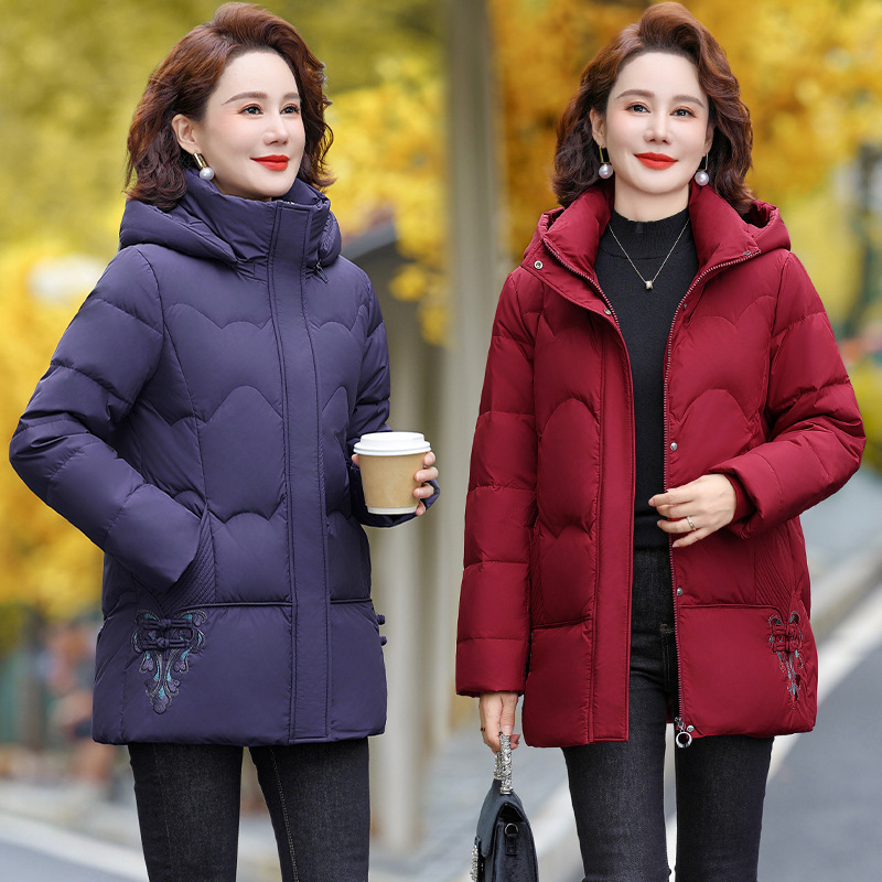 High-End Winter Women's down Jacket Mid-Length for Middle-Aged Mothers with Chinese Embroidery, Casual Thickened Warm Coat