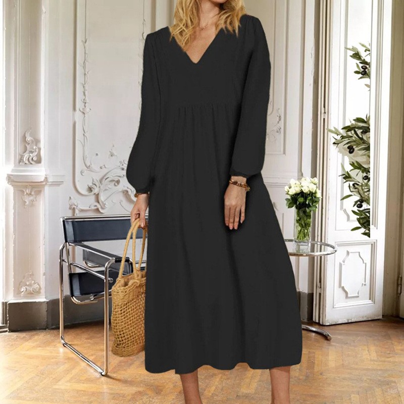 Women's Casual Cotton Linen Dress Loose Oversized Lantern Sleeves Vintage European American Daily Wear_ecoleips.com