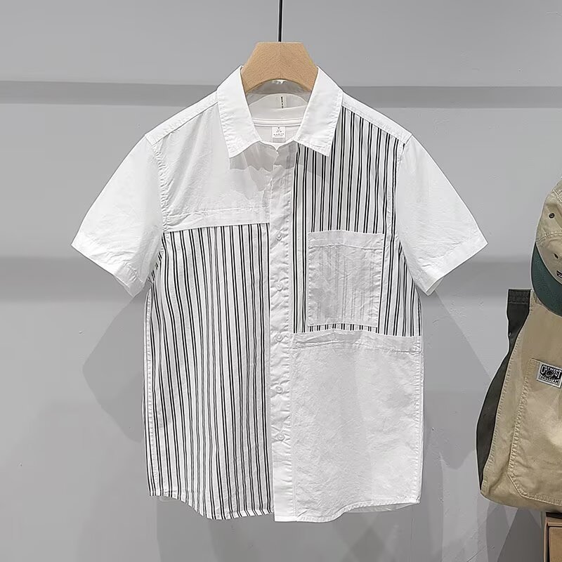 Mei Day Hong Kong Style Striped Stitching Short-sleeved Shirt Men's Summer Fashionable All-match Casual Loose Shirt Jacket