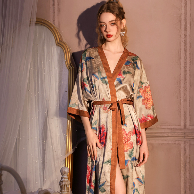High-End Jacquard Sexy Satin Ice-Feel Robe Goddess Bride's Morning Robe Long Nightgown Sleepwear Loungewear Set Autumn High-End Jacquard Sexy Satin Ice-Feel Robe Goddess Bride's Morning Robe Long Nightgown Sleepwear Loungewear Set Autumn