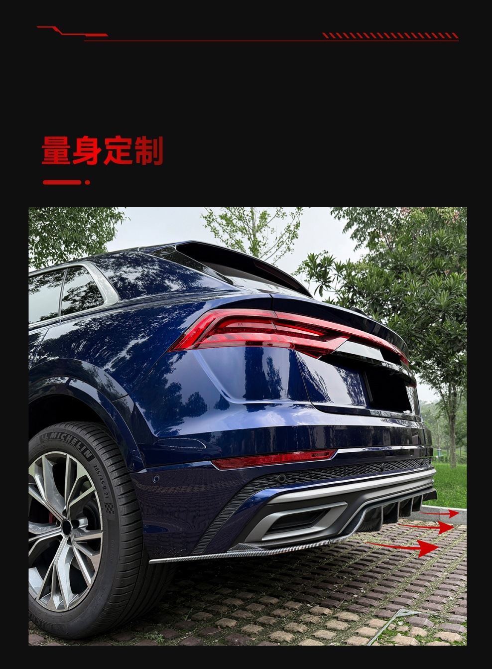 Applicable to 2019-2023 Audi Q8 4m Sline Three-Section Rear Lip Spoiler with Corner Extensions for Cross-Border Modification