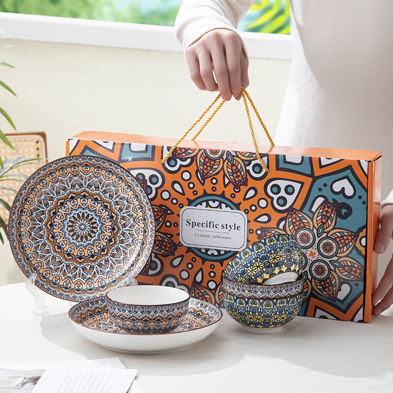 Cross-Border Bohemian Ceramic Dishes Set, Bowls, Chopsticks, Tableware, Small Gifts, Souvenirs, Household Ceramic Bowls, Gift Boxes