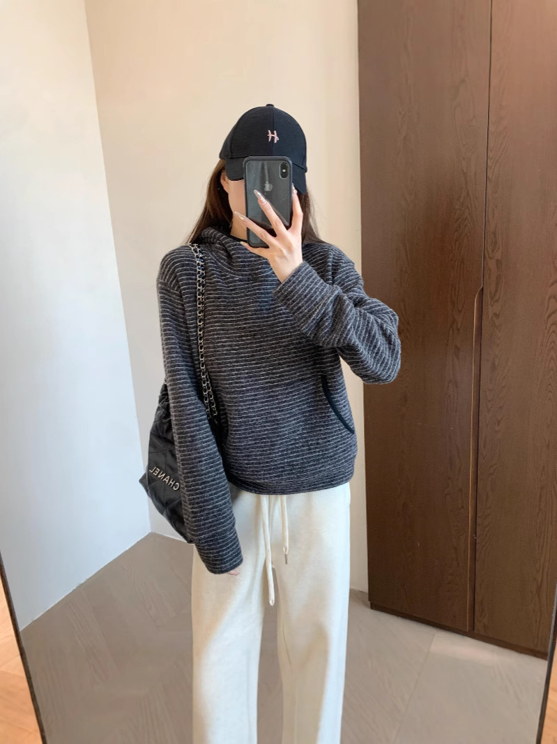 차오 소프트 왁스 피부 친화적 인 구름 핀스트라이프 느슨한 슬리밍 포켓 후드 칼라 스트라이프 땀 F120508