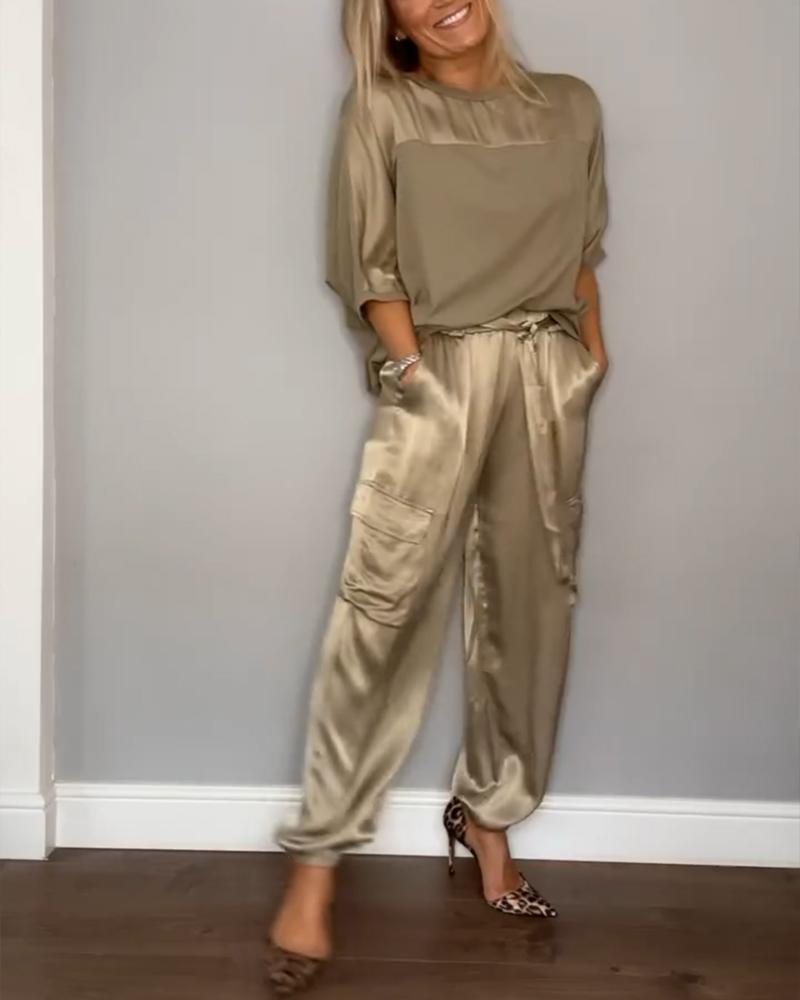 3/4 Length Sleeve Sleeve Length Daily Women's Simple Style Solid Color Polyester Pant Co-ord Set Pants Sets