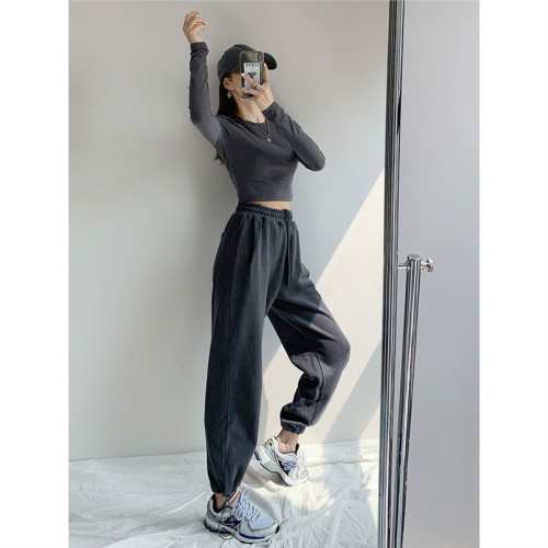 Black and Grey Ankle Pants for Women - Spring and Autumn  New Casual Sweatpants Loose Leggings for Petite Women with Drawstring and Harlon Design