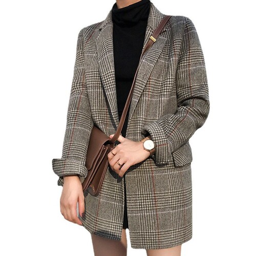 Checkered wool blazer chic retro loose medium-long 2025 autumn/winter new women's grid blazer jacket
