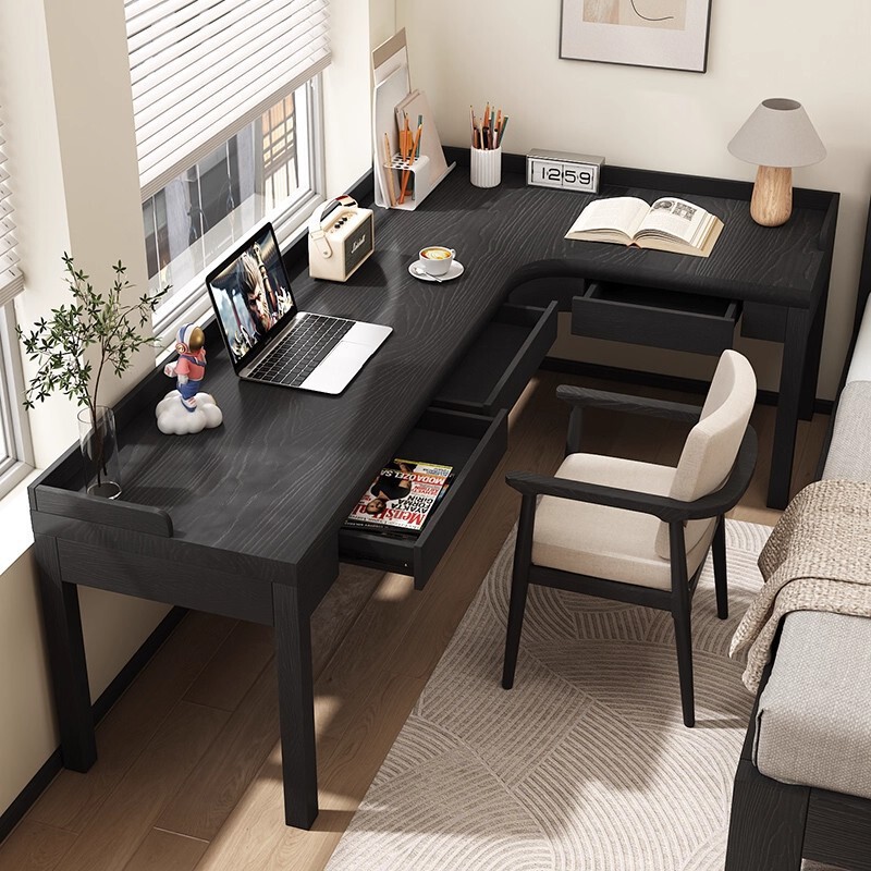 Simple solid wood black corner computer desk with drawers, L-shaped desk for home bedroom, workbench, corner writing desk Simple solid wood black corner computer desk with drawers, L-shaped desk for home bedroom, workbench, corner writing desk