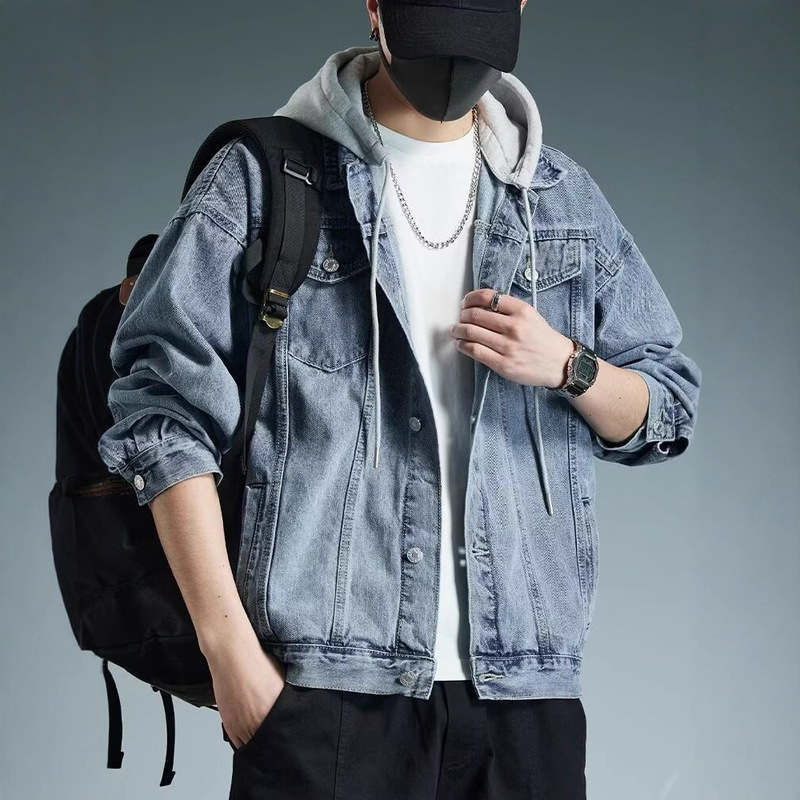 High-End Hooded Denim Jacket for Men, Handsome Plus Size Spring & Fall Style Detachable Hood Jacket, Retro Trendy Brand Outerwear