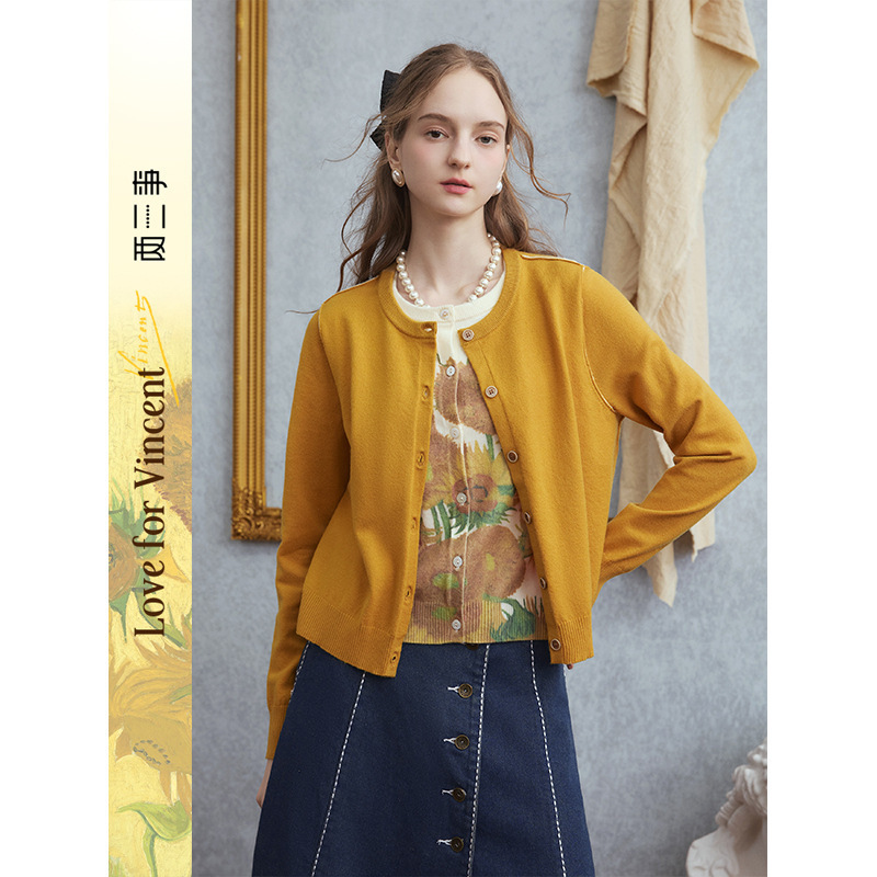 Two or Three Things Van Gogh Artistic Sunset 2025 Autumn New Sunflower Print Fake Two-Piece Knitted Cardigan for Women