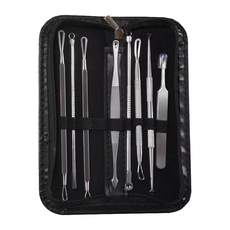 Spot clip de células de acero inoxidable, aguja para el acné, aguja para la cabeza negra, aguja para el acné, juego de 8 piezas, pinza para el acné, herramienta de belleza