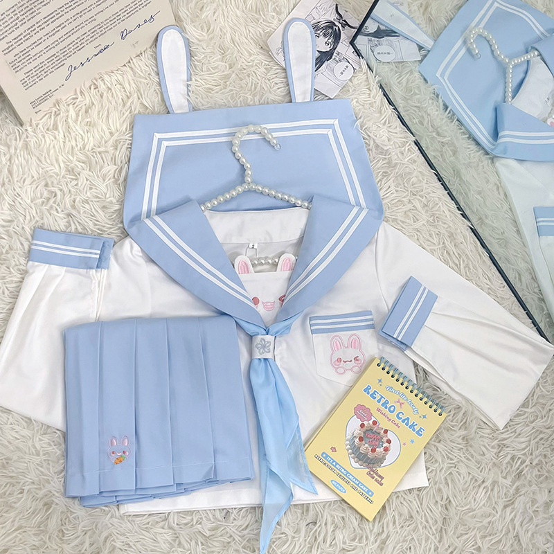 Tianke オリジナル本物の Omi ウサギ JK 制服女性の日本のカレッジスタイル甘いセーラー服半袖刺繍スカートスーツ|undefined
