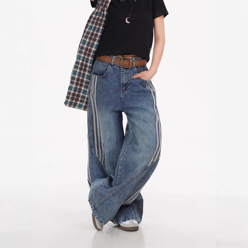 American Retro Asymmetric Three-Stripe Patchwork Jeans Unisex Trendy Loose Slimming Casual Scimitar Wide-Leg Pants