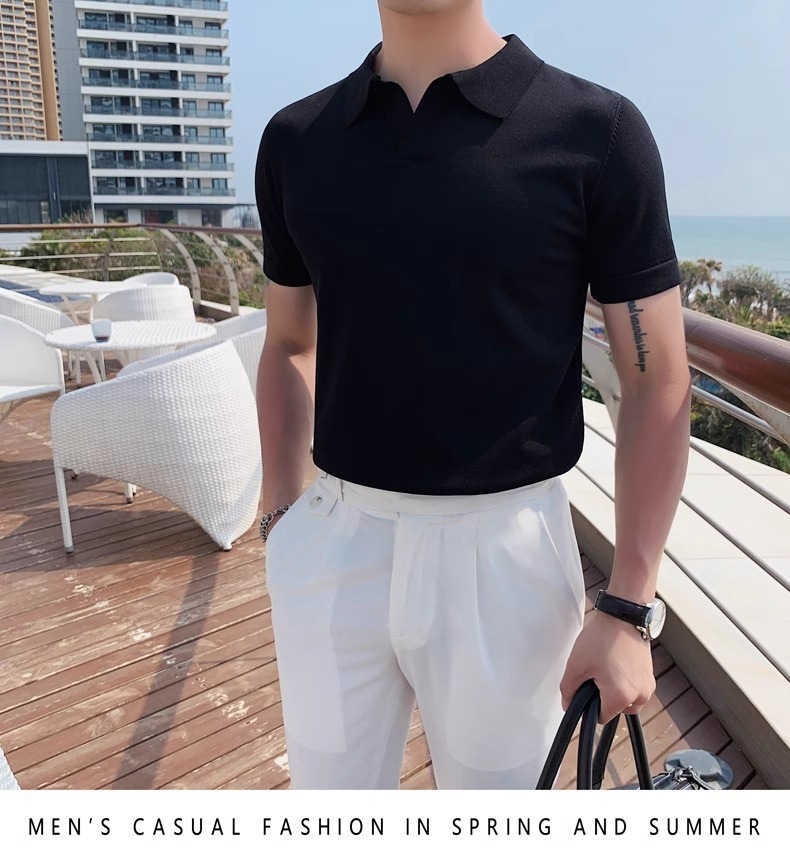 Men's Slim Fit Polo Shirt Silky Cotton Ice Silk Knitted Seagull Collar Short Sleeve Casual Workwear Trendy Sweatshirt_viptrois.com