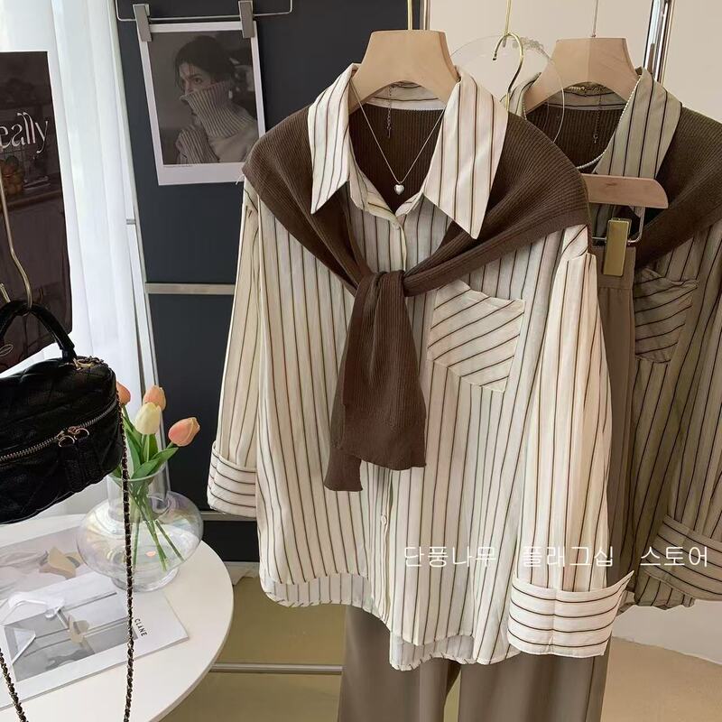 Fake Two-piece Knitted Stitching Striped Shirt Coat Women's Early Spring French Niche Chic Shirt Long-sleeved Shawl Top