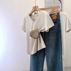 夏裝簡約正肩V領短袖t恤女修身版純欲風辣妹緊身打底衫上衣潮