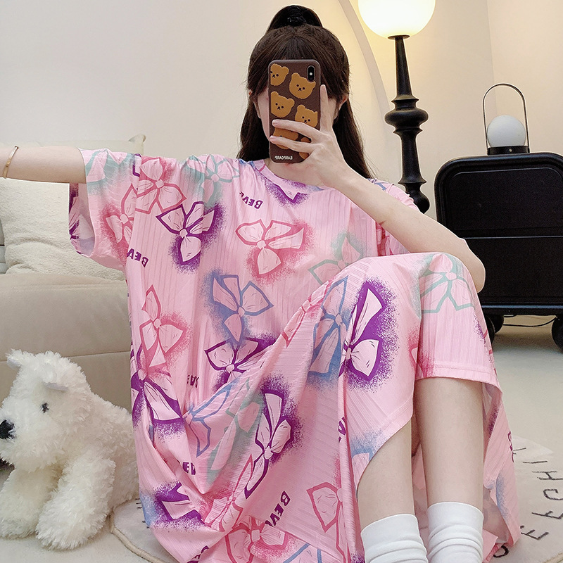 Wholesale Bowknot Pajamas for Women, New Summer Sweet Plus Size for Plus-Size Girls 150kg Mid-Length Nightgown