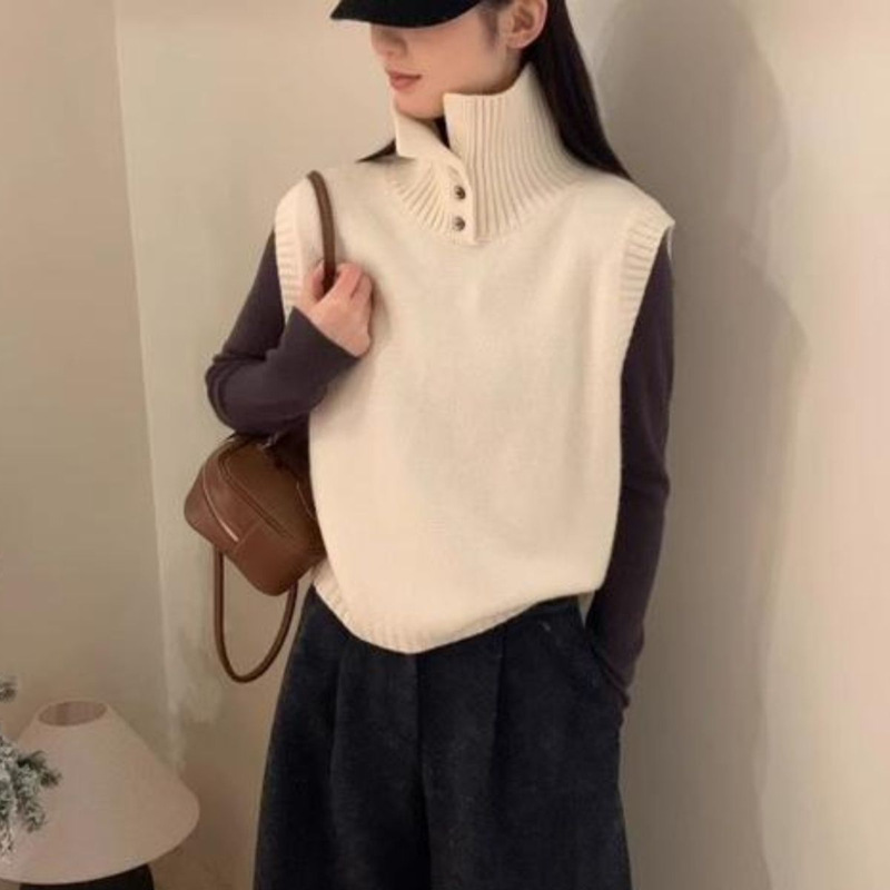 Cashmere Sleeveless Knitted Vest Retro Style High Collar Solid Color Spring New Korean Versatile Sweater Top for Women