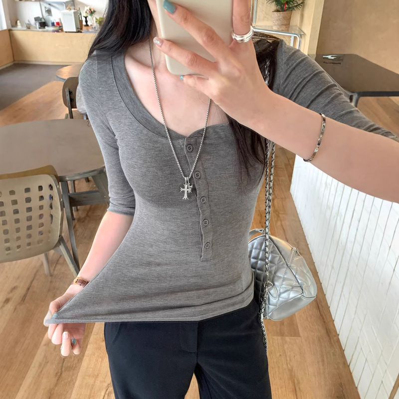 Lyocell Tencel White Large U-Neck Half-Sleeve T-Shirt for Women 2026 Early Spring New Style Inner Layering Shirt with Mid-Sleeves