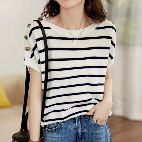 Women's 2025 Summer New French Chic Striped Loose Buttoned Cropped Sleeve Round Neck Knit Top