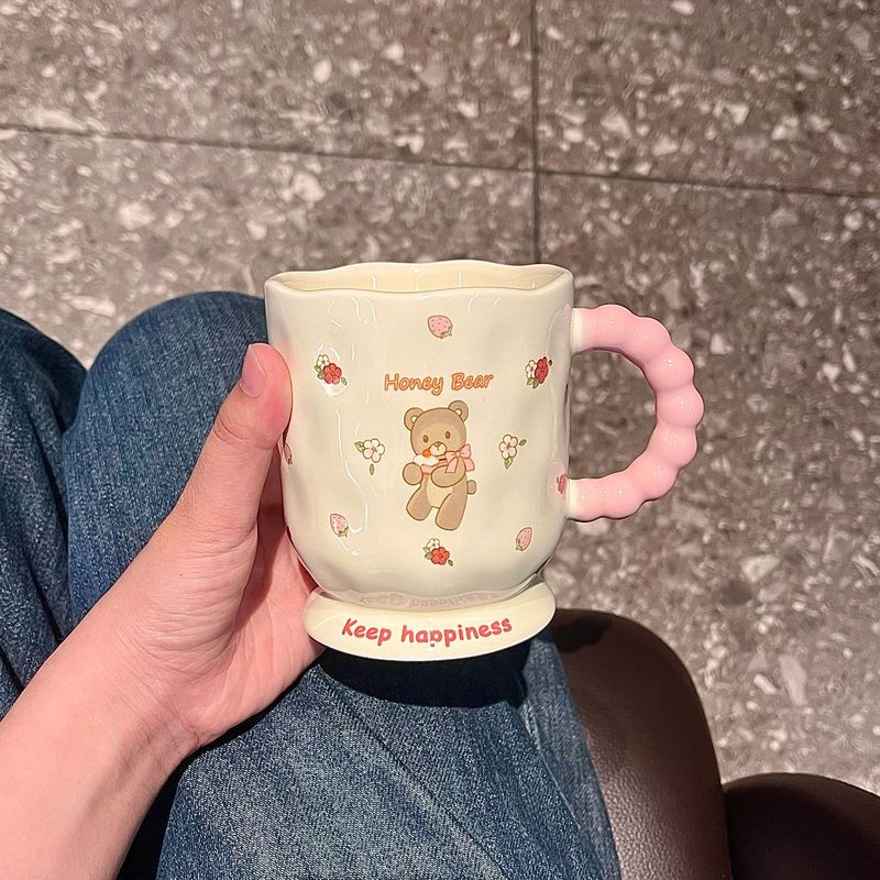 可爱卡通小熊马克杯带盖勺杯子高颜值家用陶瓷水杯生日礼物送女生|undefined