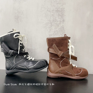 Trendy Stitched Personalized Punk Style Spliced Motorcycle Boots 2025 Autumn Unisex Versatile Single Boots