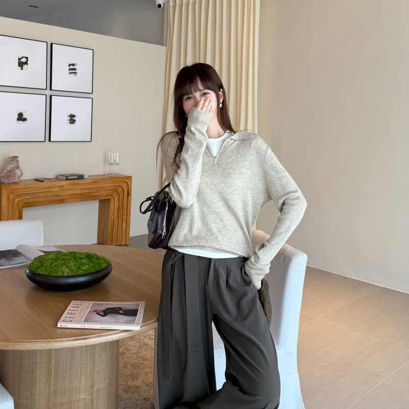 实拍#复古针织POLO衫女早秋百搭设计感小众宽松休闲外穿长袖|undefined