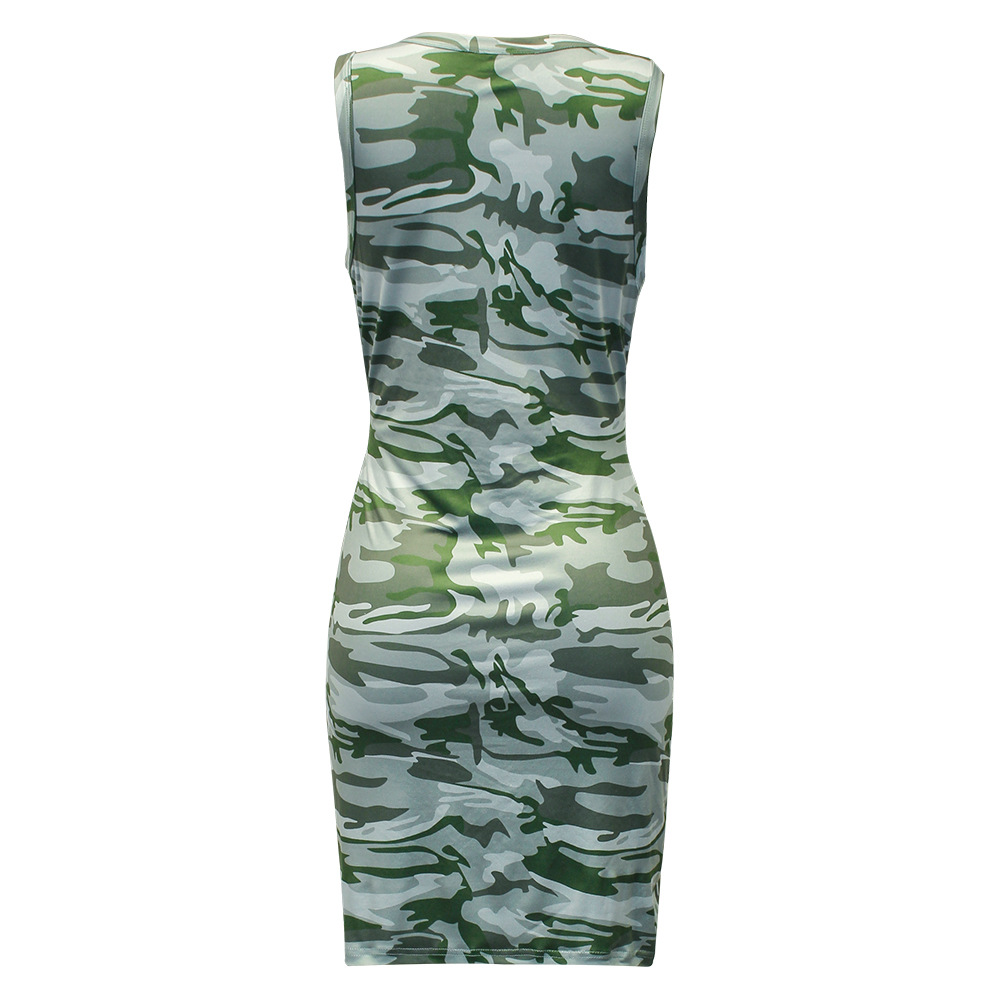 camouflage print round neck waist tie dress NSKX122403