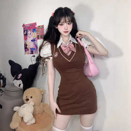 学院风甜酷辣妹小清新御姐范包臀泡泡袖连衣裙子JK制服套装纯欲夏