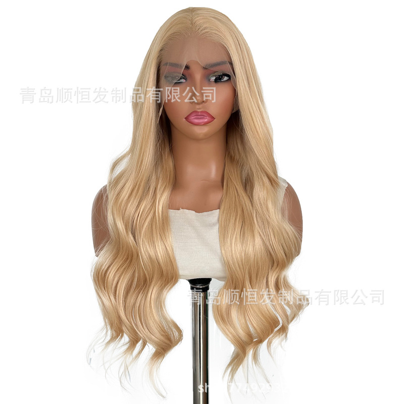 外贸欧美网红假发女 前蕾丝中长款波浪卷发金色化纤头套 工厂批发|undefined