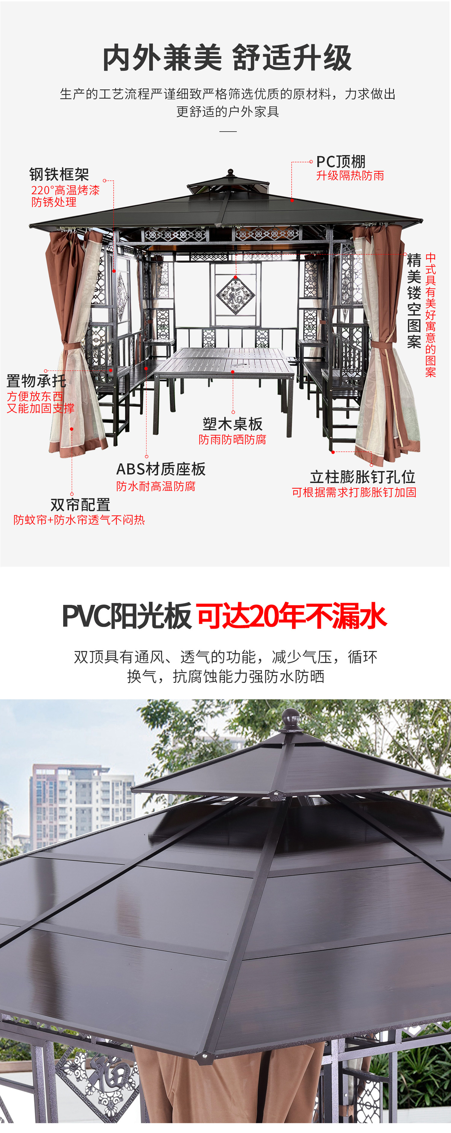 凉亭户外别墅庭院楼顶花园四角雨棚室外露台亭子农家乐遮阳棚铁艺-阿里巴巴
