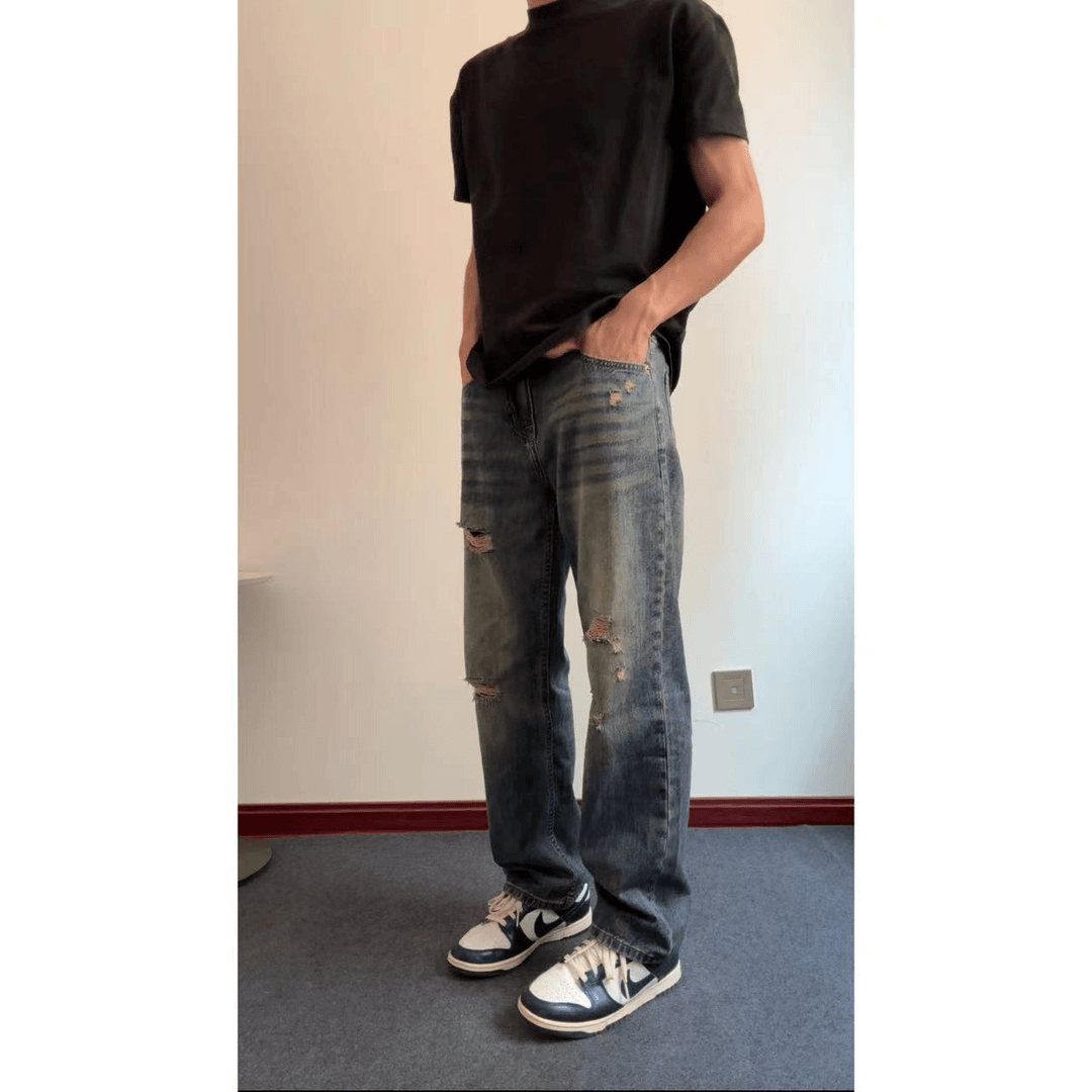 American vibe retro agujeros jeans hombre verano delgado recto pantalones largos pantalones oversize