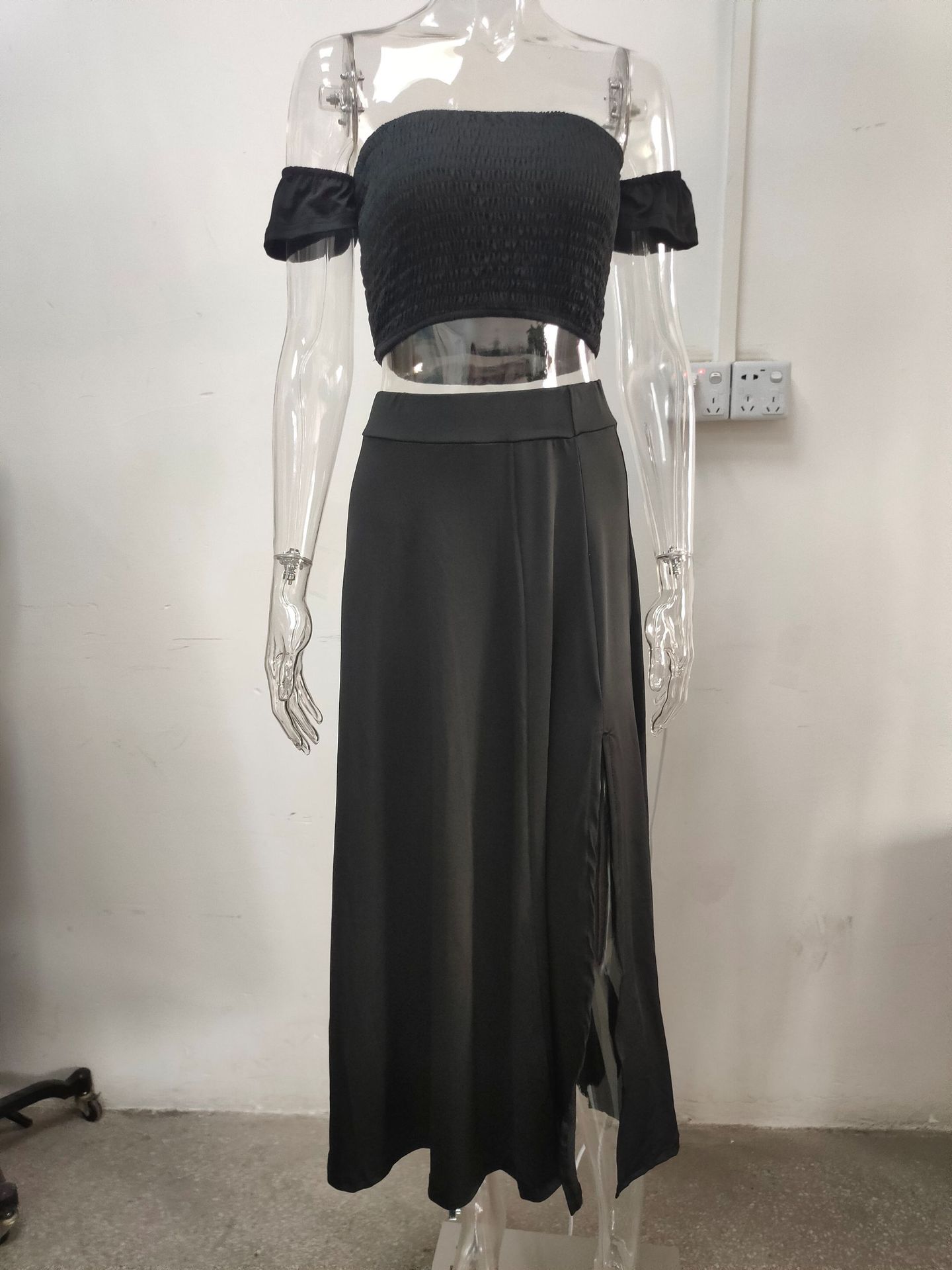 2022 European And American Summer Slim-Fit French Bohemian Print Mid-Length Vintage Strapless Dress Set For Women_ecoleips.com