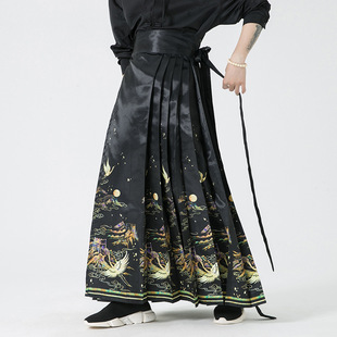 2023 autumn and winter New style maxi skirt men's retro trendy Crane pattern Hanfu new Chinese style maxi skirt