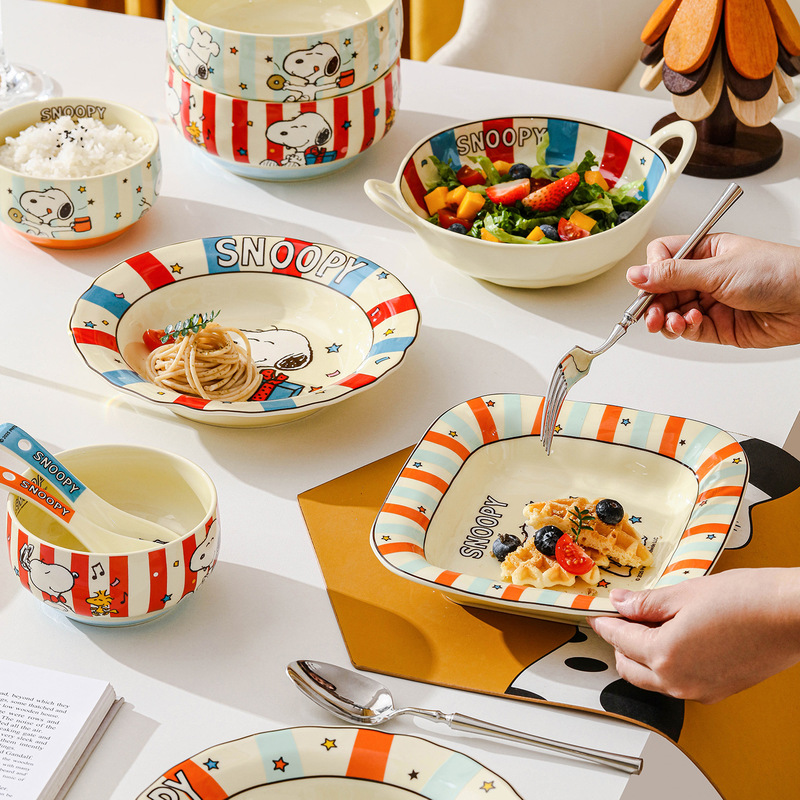 Snoopy Co-Branded Tableware Set Household Ceramic Bowls and Plates Salad Bowl Rice Bowl Spoon 2025 New Housewarming Gift
