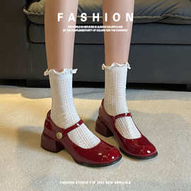 牛皮版红色复古玛丽珍旗袍皮鞋婚礼高跟鞋中粗跟婚宴鞋女软底法式