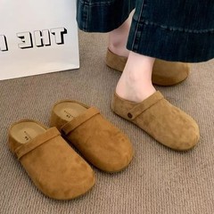复古绒面百搭女生包头拖鞋秋季时尚简约休闲半拖鞋厚底增高勃肯鞋